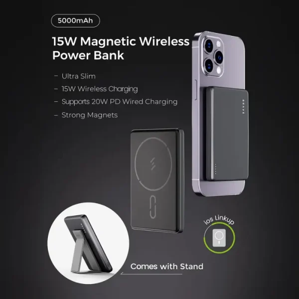BRAVE BP-19 5000mAh Ultra Slim Magnetic Wireless Power Bank – 15W Wireless Charging, 20W PD Fast Charging, MagSafe Compatible with Built-In Stand