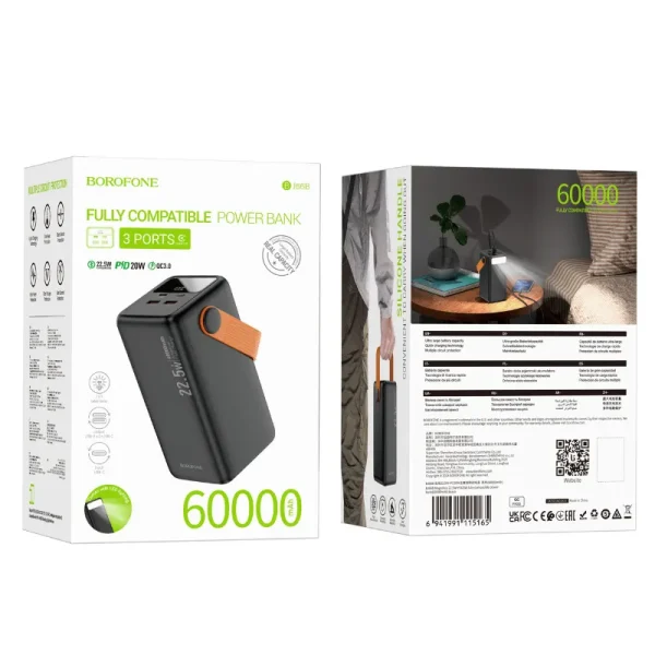 BOROFONE BJ66B 6000mAh Power Bank – 22.5W Fast Charging, PD 20W, QC3.0, 3 Ports with LED Light